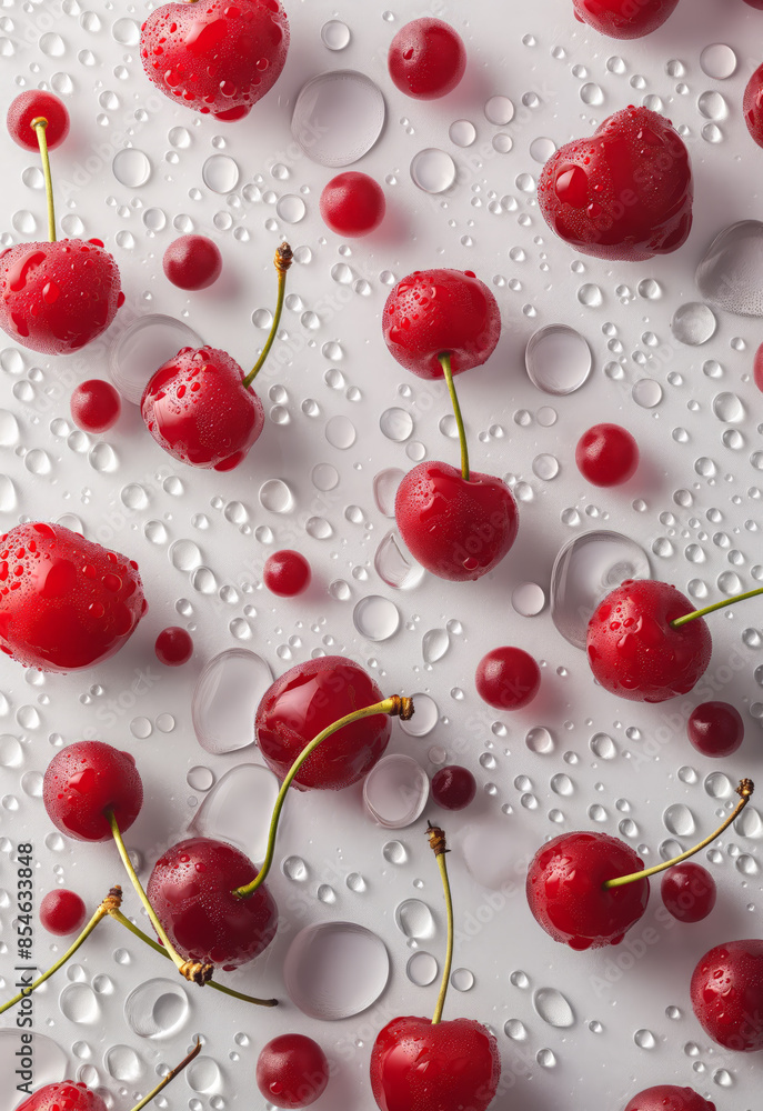 Top-Down View of Fresh Red Cherries with Water Droplets on a White Background Top-Down View of Fresh Red Cherries with Water Droplets on a White Background