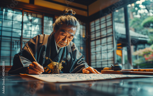 Japanese calligraphy master carefully writing characters using brush pen and ink, during a meditative practice in his house photo