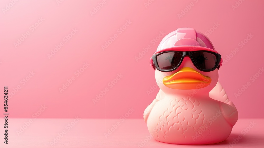 Pink rubber duckling with helmet and sunglasses on background Summer duck theme in modern art style Blank space for writing Pink rubber duckling with helmet and sunglasses on background Summer duck theme in modern art style Blank space for writing