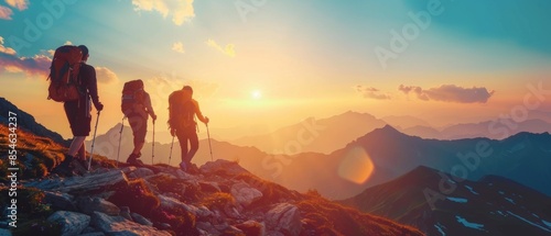 Hikers Trekking in the Mountains at Sunrise with Stunning Scenic Views and Vibrant Sky