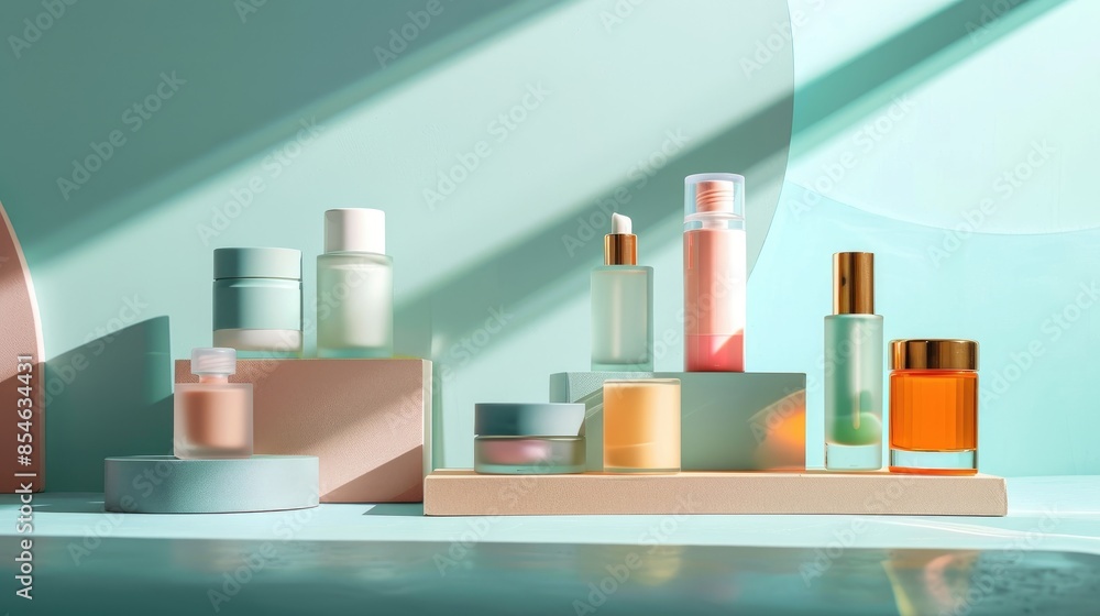 Cosmetic bottles and jars on a two tone backdrop Cosmetic bottles and jars on a two tone backdrop