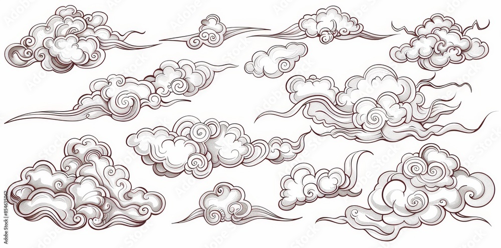 Oriental clouds illustration. Linear hand drawn clip art. Japanese, Thai, Tibetan, Korean style. Traditional, contemporary, modern. Oriental clouds illustration. Linear hand drawn clip art. Japanese, Thai, Tibetan, Korean style. Traditional, contemporary, modern.