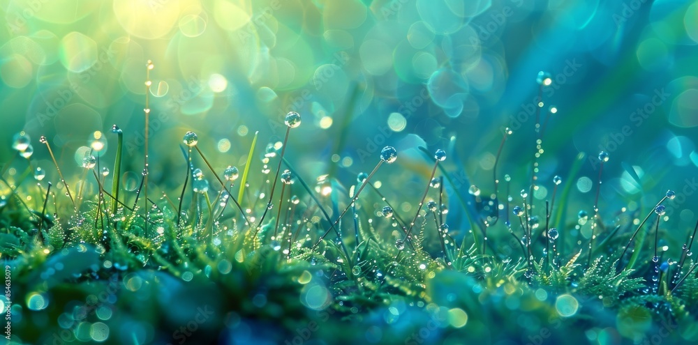 A beautiful bokeh circle in morning fresh wet grass in nature with many dew drops glistening in the sun. A beautiful bokeh circle in morning fresh wet grass in nature with many dew drops glistening in the sun.