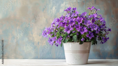 Purple cineraria plant in bloom displayed in a flower pot on a neutral table Text can be added photo