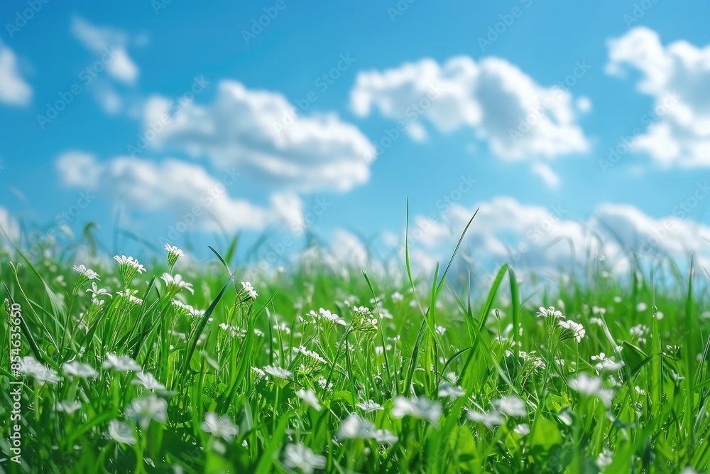 Obraz premium Beautiful panoramic natural spring summer background image with young green lush grass with small white flowers close-up against a blue sky with clouds
