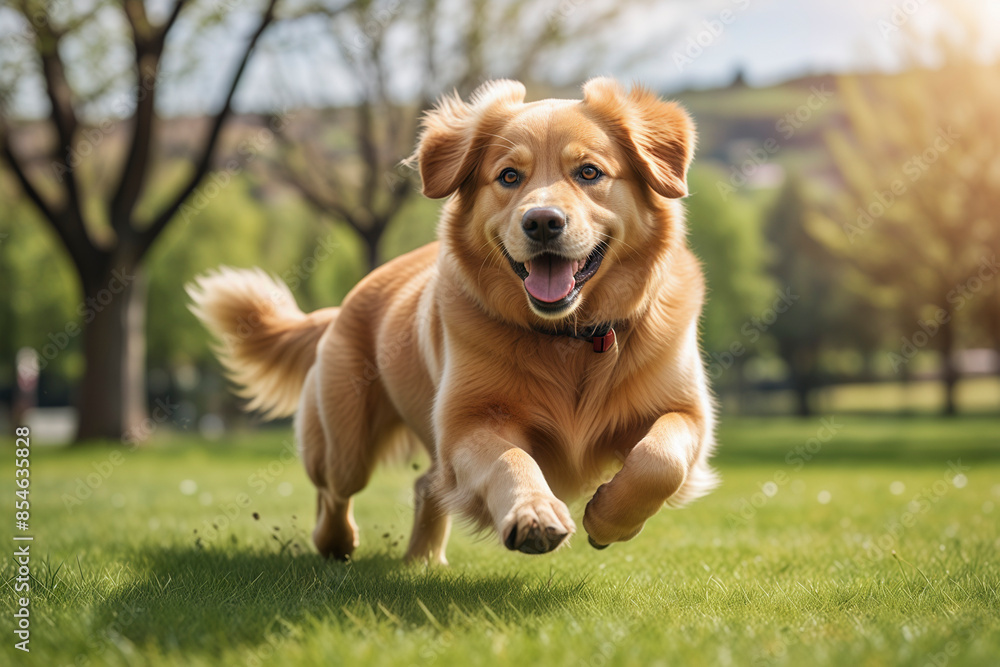 Green grass A golden retriever runs towards you Green grass A golden retriever runs towards you