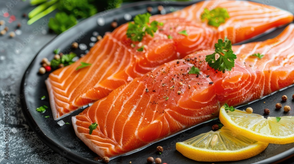 fillet of trout on a serving platter with slices of lemon and parsley, leaving room for text fillet of trout on a serving platter with slices of lemon and parsley, leaving room for text