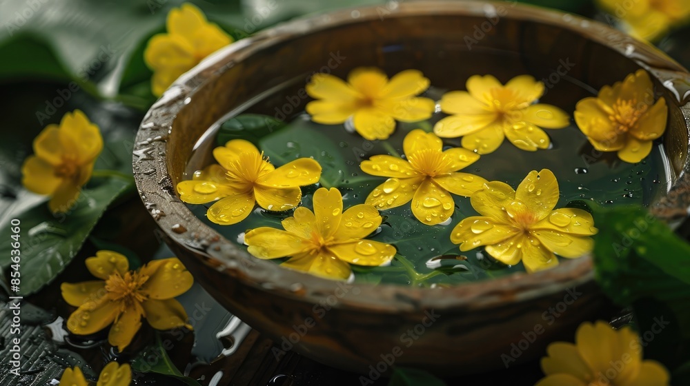Yellow Flowers Floating in Bowl with Water Droplets on Leaves in Home Spa Yellow Flowers Floating in Bowl with Water Droplets on Leaves in Home Spa