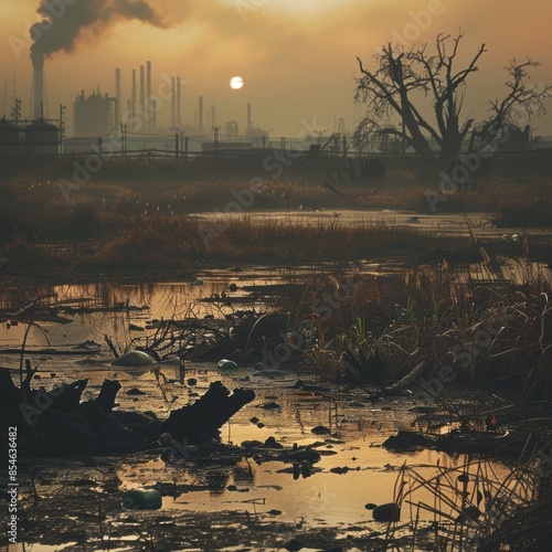 A polluted industrial landscape with smoke, marshy water, and a dead tree under a hazy sunset, reflecting environmental degradation. photo