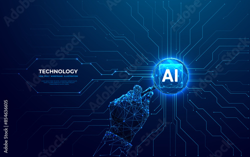 Magnifying glass in a hand and AI chip with circuit light thin lines on dark blue background. CPU semiconductor on circuit board. AI innovation and analysis concept. Polygonal vector illustration.