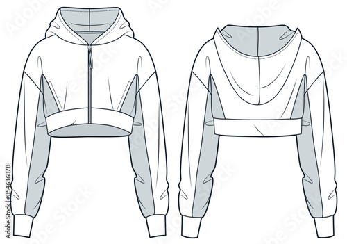 Zipped Hoodie technical fashion illustration. Zipped Jacket fashion flat technical drawing template, cropped, oversize, front and back view, white, grey, women, men, unisex Sportswear CAD mockup.