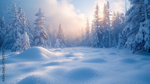 Wallpaper Mural A snowy forest landscape with tall trees covered in snow. The sun shines through the trees, casting a warm glow on the snow-covered ground Torontodigital.ca