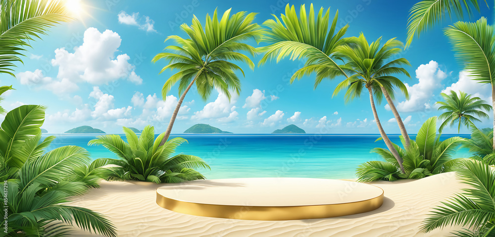 Beach podium summer background sand product 3D sea display platform. Beach podium summer banner stand scene sale sky holiday vacation stage water island sun travel pedestal promotion presentation ad. Beach podium summer background sand product 3D sea display platform. Beach podium summer banner stand scene sale sky holiday vacation stage water island sun travel pedestal promotion presentation ad.