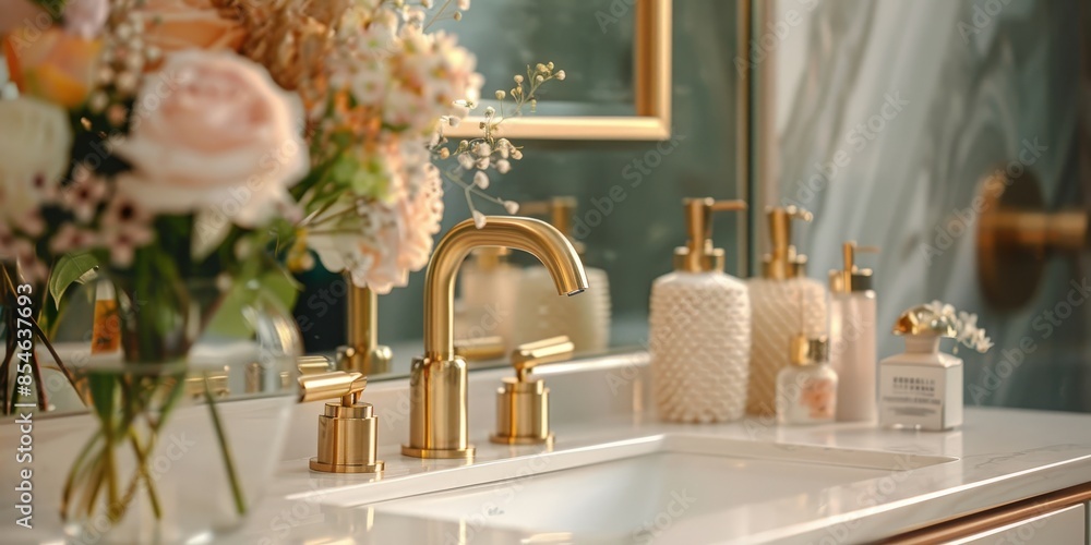 Golden Bathroom Faucet with Flowers in the Foreground Golden Bathroom Faucet with Flowers in the Foreground