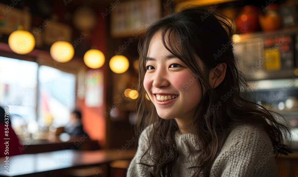 Smiling Asian Woman in Cafe, Generative AI Smiling Asian Woman in Cafe, Generative AI