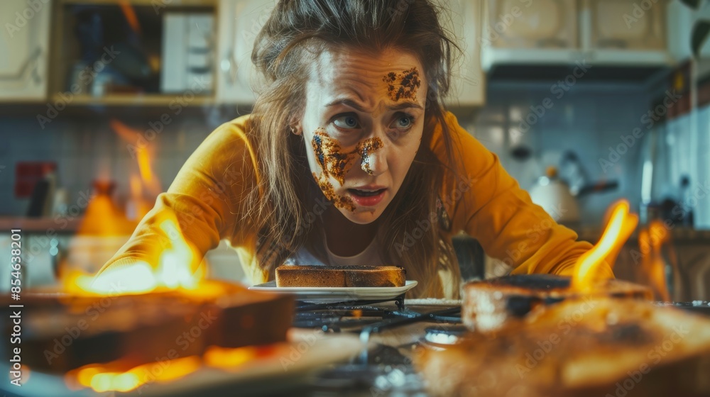 A woman cooks a disaster, fail and accident as a mistake in the morning at home. A frustrated person has black bread as a food issue, electrical problem, or safety issue. A woman cooks a disaster, fail and accident as a mistake in the morning at home. A frustrated person has black bread as a food issue, electrical problem, or safety issue.