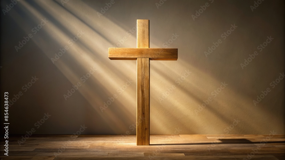A solemn wooden cross stands upright against a neutral background, surrounded by subtle shadows, providing ample space for text or graphics on good friday.