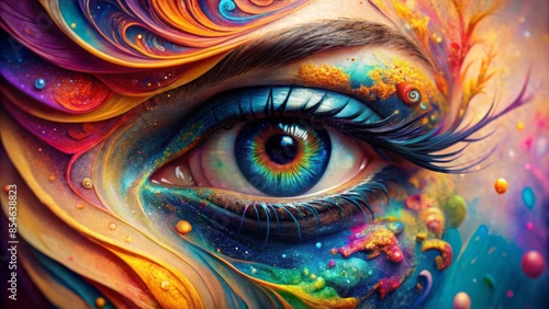 Vibrant swirls of colorful makeup dissolve into abstracted, surreal eyeball fragments, refracting light amidst minimalist, dreamlike backgrounds, evoking beauty and fine-art mystique.