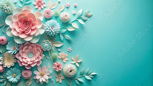 Delicate paper flowers in pastel hues delicately arranged on a vibrant turquoise blue background with ample copy space, perfect for adding text or graphics.