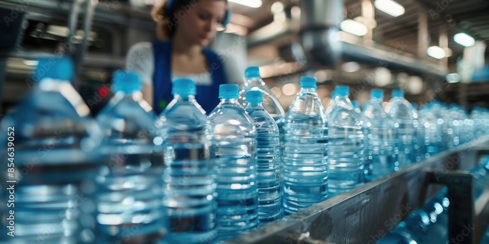 A woman is seen working on the production line of a bottled water factory, with machinery and equipment visible around her A woman is seen working on the production line of a bottled water factory, with machinery and equipment visible around her