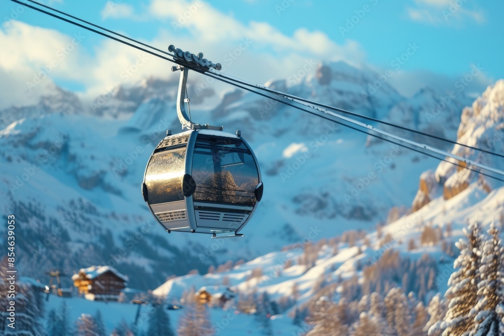 Obraz premium A gondola ride up a snowy mountain in winter, scenic view