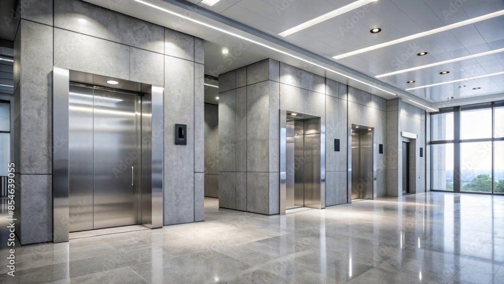 Modern corporate ambiance featuring two gray elevators standing in an empty office foyer with polished concrete flooring and crisp white walls. Modern corporate ambiance featuring two gray elevators standing in an empty office foyer with polished concrete flooring and crisp white walls.