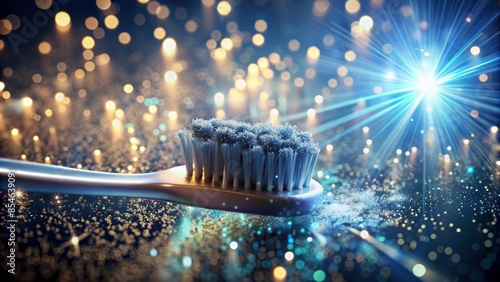 Close-up of a solitary toothbrush surrounded by shimmering, iridescent sparks and gleaming particles, evoking a sense of cleanliness and freshness, with a sleek, modern aesthetic.