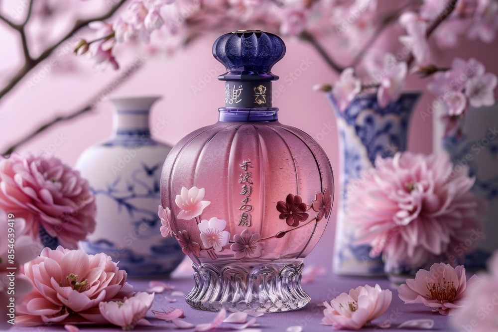 Exquisite Japanese bottle with ornamental packaging design, set against a soft pastel lavender background. Exquisite Japanese bottle with ornamental packaging design, set against a soft pastel lavender background.
