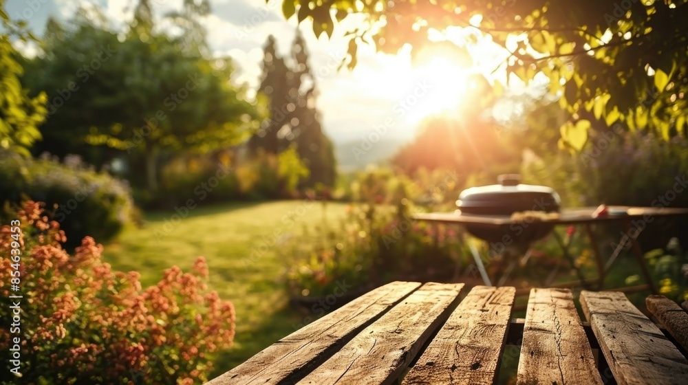 Fototapeta premium A wooden table with a grill in the background, perfect for outdoor gatherings or BBQs
