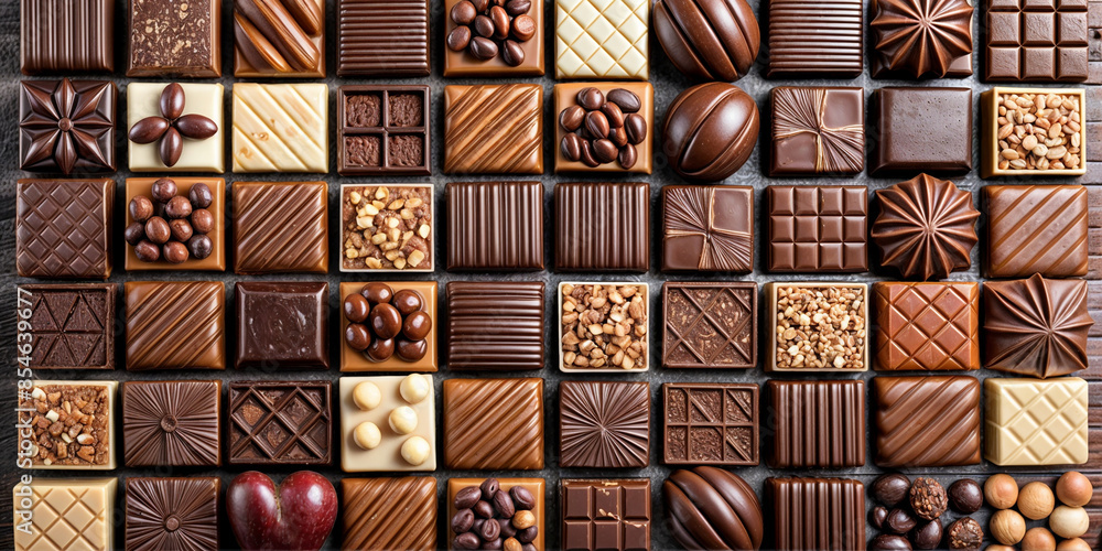 The image is a close-up of a variety of chocolate bars arranged in a grid pattern, showcasing the different designs and textures of each bar The image is a close-up of a variety of chocolate bars arranged in a grid pattern, showcasing the different designs and textures of each bar