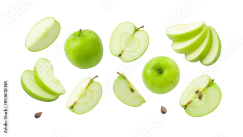 Green apple has water drop with slices collection isolated on white background. Clipping path.