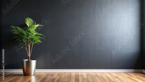 Minimalist empty room with sleek black walls providing ample copy space and a single potted plant adding a touch of serenity and calm atmosphere.