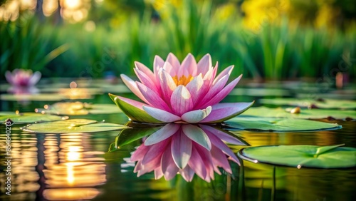 Wallpaper Mural serene close-up of a delicate pink water lily blooming on a calm lake in belgium surrounded by lush greenery and gentle ripples of water  Torontodigital.ca