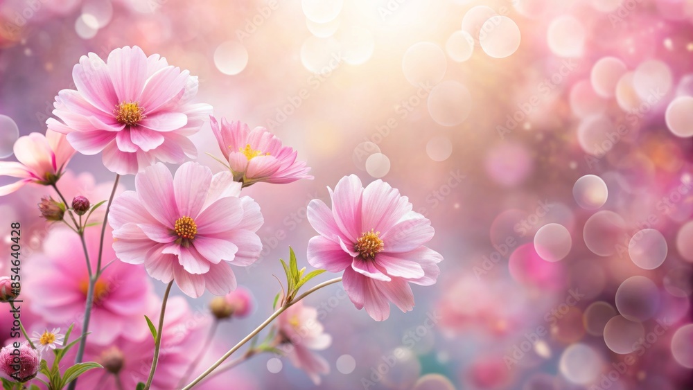 Soft focus pink flowers against a blurred bokeh background with ample copy space ideal for adding text or design elements creatively. Soft focus pink flowers against a blurred bokeh background with ample copy space ideal for adding text or design elements creatively.