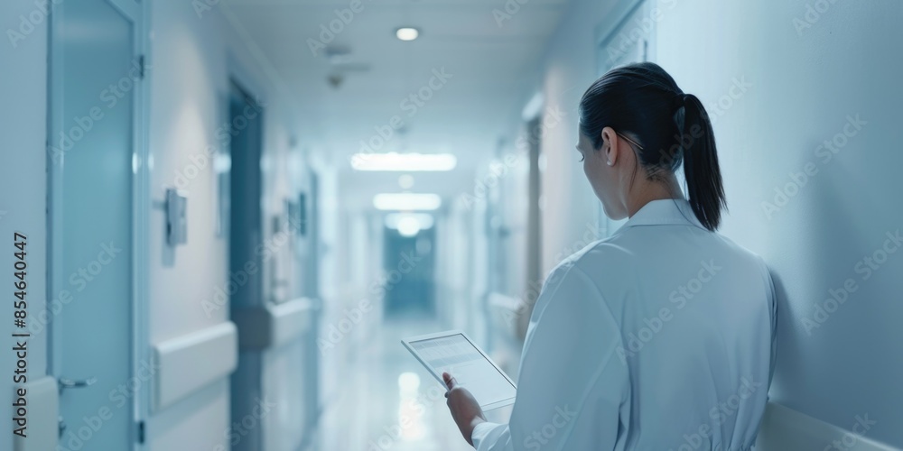 A woman stands in a hospital hallway, holding a tablet, possibly checking medical information A woman stands in a hospital hallway, holding a tablet, possibly checking medical information