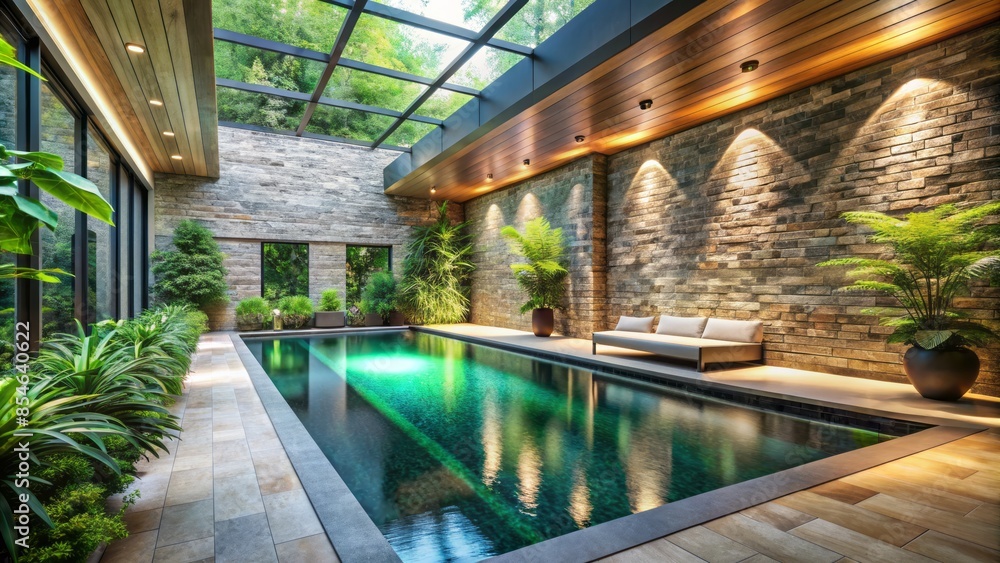 Sleek indoor pool surrounded by lush greenery and natural stone walls, blurring the lines between modern luxury and serene outdoor oasis, perfect for relaxation. Sleek indoor pool surrounded by lush greenery and natural stone walls, blurring the lines between modern luxury and serene outdoor oasis, perfect for relaxation.