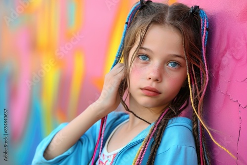 A young girl with dreadlocks leans against a wall, looking introspective