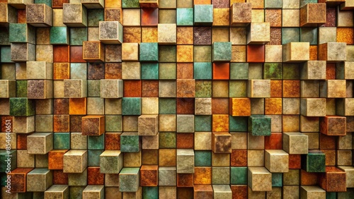 Vibrant geometric modern 3d block stonewall mosaic graphics abstract background featuring intricate structured patterns and shapes in earthy tones with futuristic futuristic visual appeal. photo