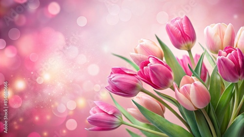 Soft focus abstract pink background adorned with delicate tulips and pink flowers, perfect for mother's day celebrations, with ample copy space for customization.