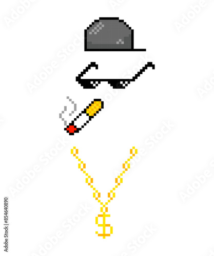 Funny pixelated boss sunglasses, Thug life of street, Hip hop baseball cap, smoking jamb, sunglasses, gold chain.