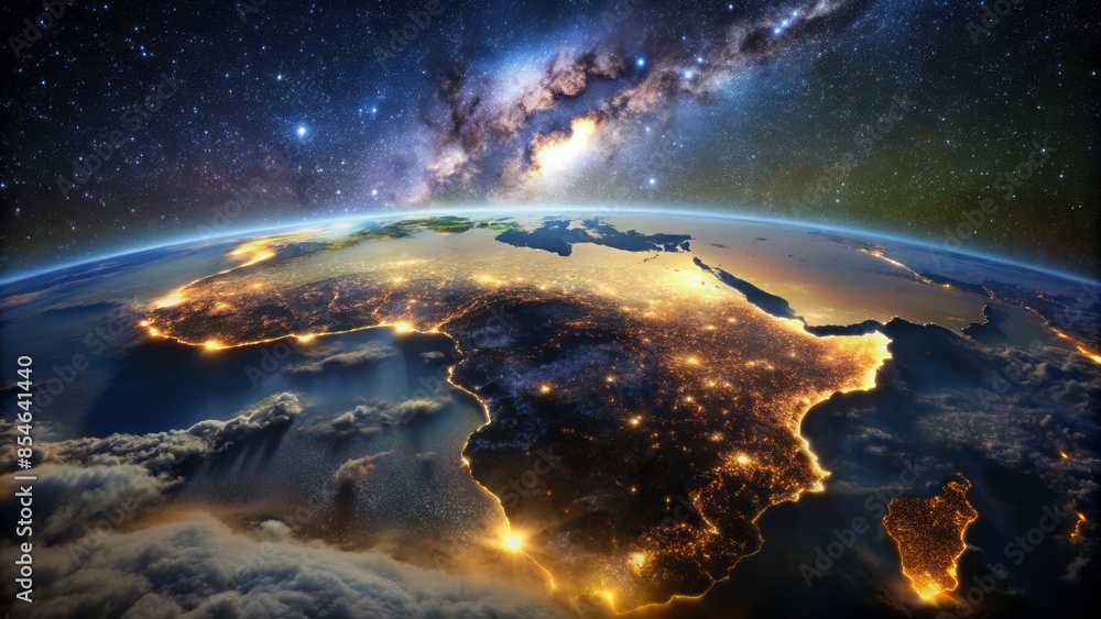 Fototapeta premium Celestial view of african continent at night, illuminated by city lights, with swirling clouds, atmospheric haze, and stars twinkling against inky blackness.