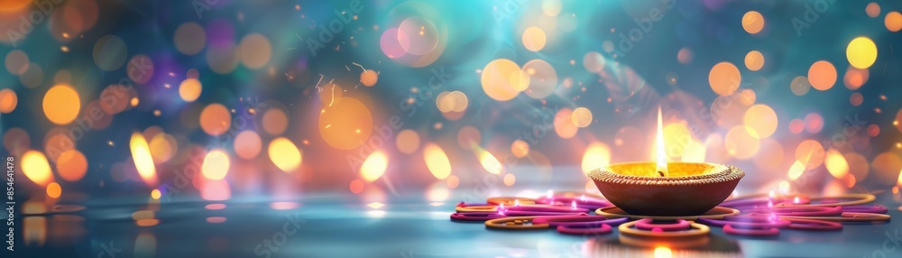 A single candle burns brightly amidst a magical, colorful background of bokeh lights. A single candle burns brightly amidst a magical, colorful background of bokeh lights.