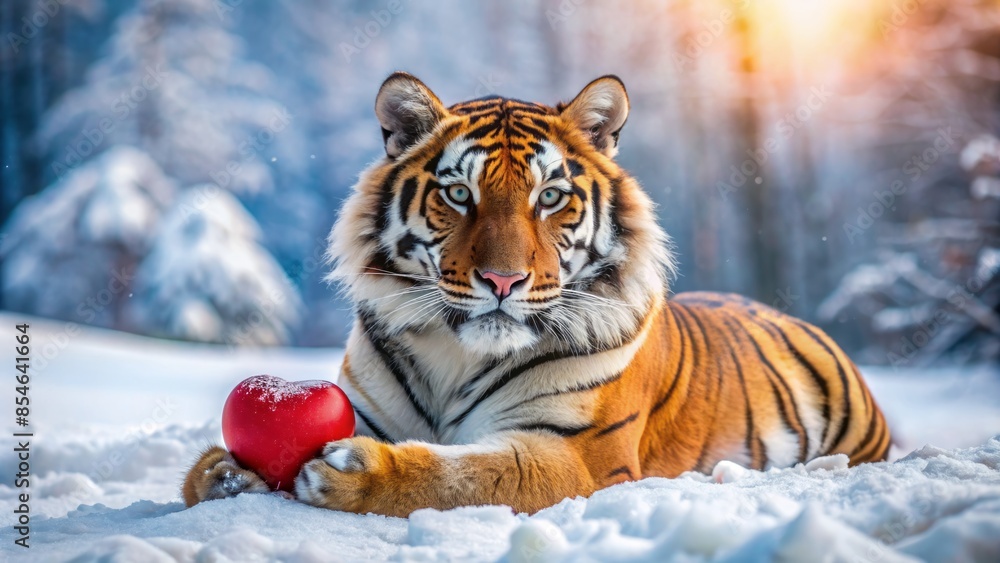 Obraz premium Adorable tiger reclines on snow-covered ground, tenderly holding a heart-shaped object in its paws, amidst a serene winter wonderland backdrop with ample copy space.