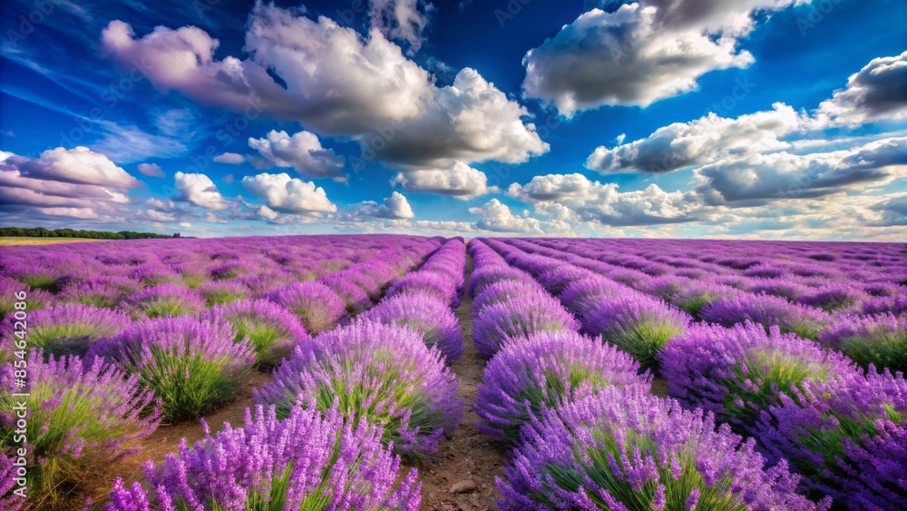 Obraz premium Vibrant purple lavender fields stretch towards a clear blue summer sky with fluffy white clouds, providing ample copy space for banners or advertisements.