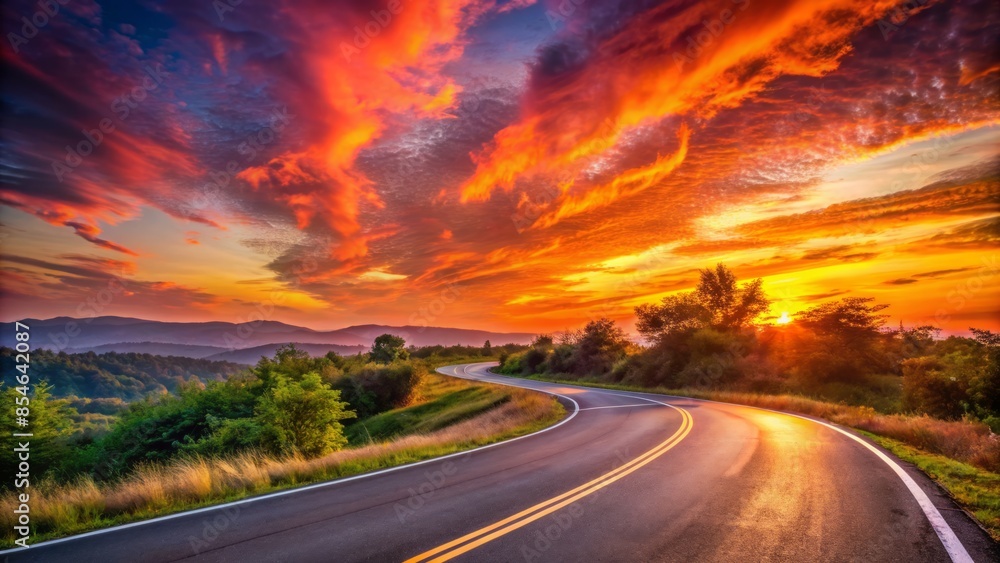 Naklejka premium Vibrant orange and pink hues illuminate the sky as the sun sets behind a winding asphalt road, leaving ample copy space for text or design.