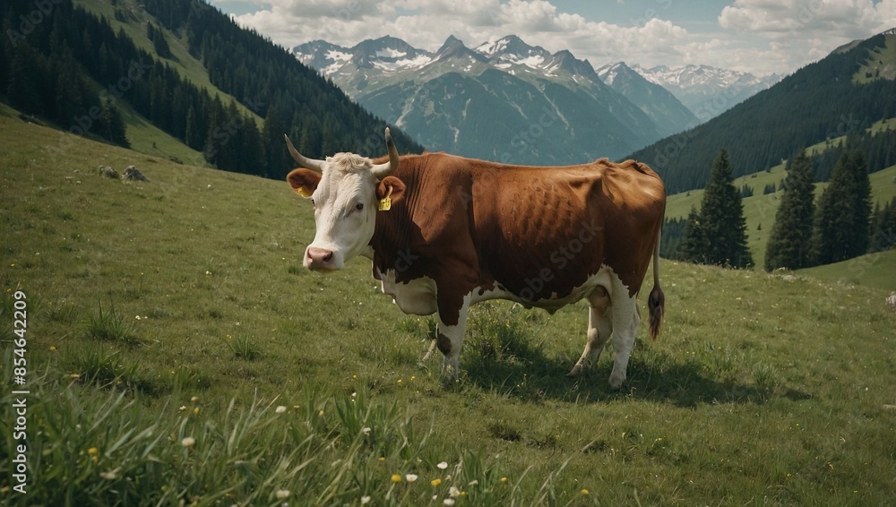 Cow grazing in a sweeping meadow amidst the alpine mountains Cow grazing in a sweeping meadow amidst the alpine mountains