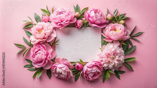 Delicate pink peonies form a beautiful wreath surrounding a blank square paper sheet on a soft pink background, perfect for valentine's day and mother's day designs.
