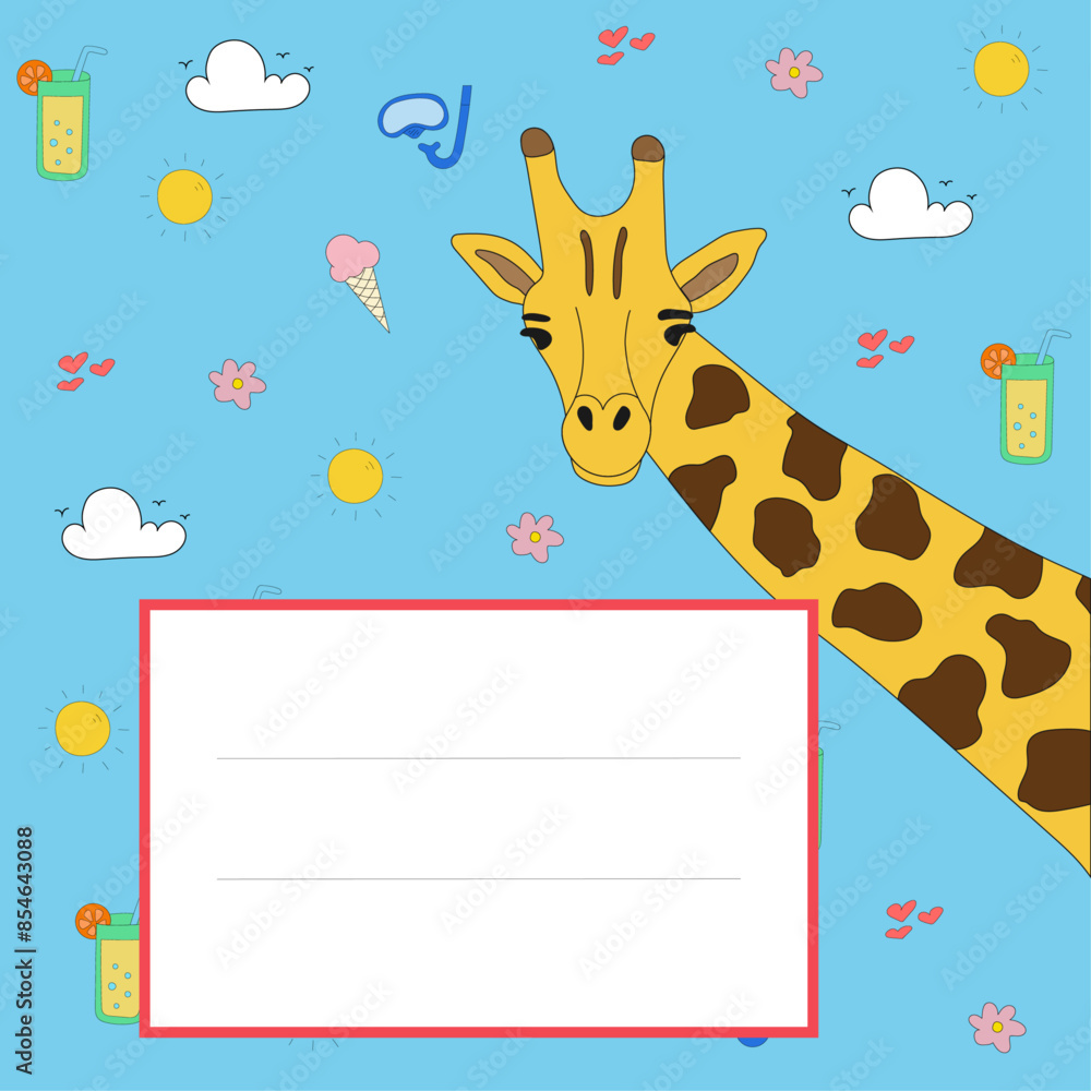 Blue background with giraffe and summer pictures. Form with cartoon pictures. Children's background with a field for text. Blue background with giraffe and summer pictures. Form with cartoon pictures. Children's background with a field for text.