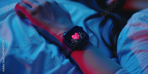 A person lying in bed wearing an Apple Watch, suitable for use in health and wellness themed projects