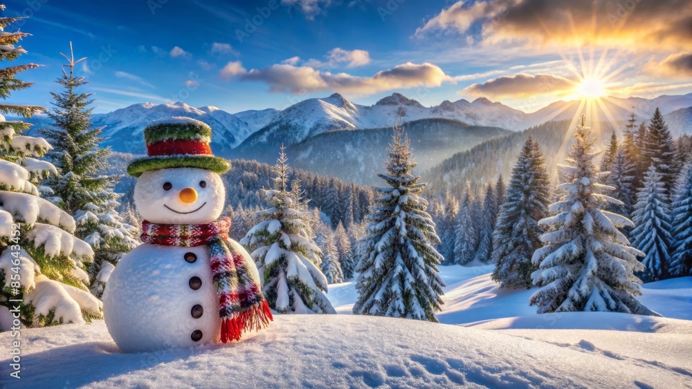 Fototapeta premium Vibrant winter scenery featuring a cheerful snowman surrounded by snow-covered trees, hills, and mountains, with plenty of copy space to convey winter joy and festivity.